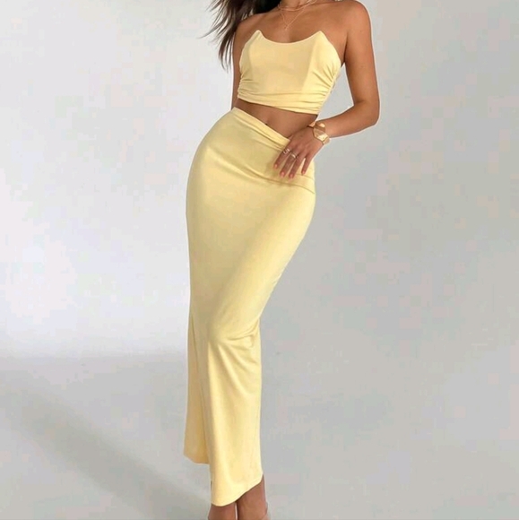 2pcs Women Set: Bow Decor Cropped Camisole Top & Long Ruched Skirt - Picture 4 of 4